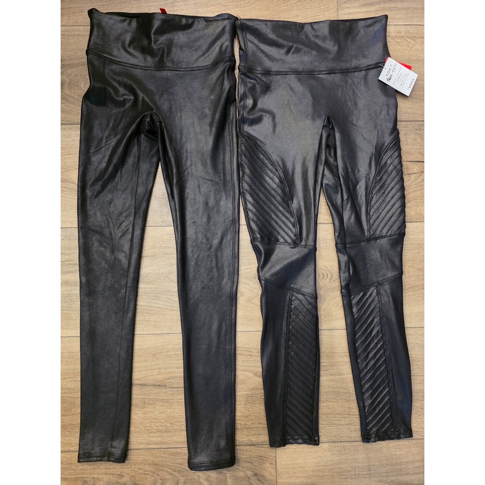 Spanx Faux Leather Moto Leggings Women Small Petite Black 20136Q Biker Ribbed